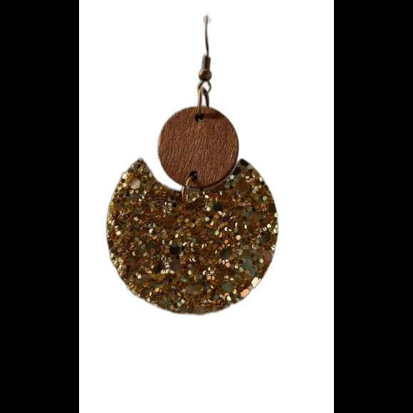 Earrings Glitter Sparkling Dangle Round w/ Wood Accent Formal Casual Lightweight - Picture 2 of 4